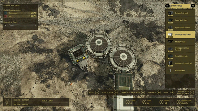 Displays the user interface for base building in Starfield.