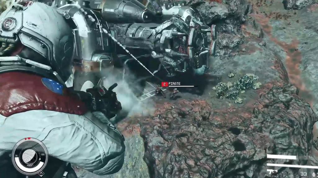 Displays the player engaging enemy pirates while employing the jetpack.